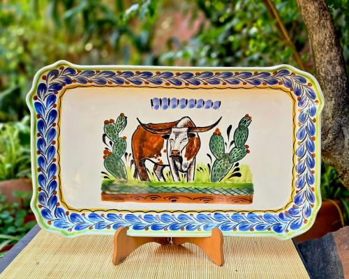  longhorn-design-rectangular-platter-tray-ceramics-handmade-mexico-for-sale