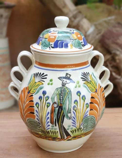 mexican-ceramic-pottery-decorative-vase-hand-crafts-amazon-halloween-day-of-dead-catrin-pattern-guanajuato-mexico