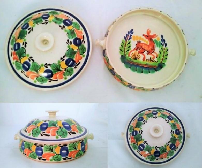  mexican-ceramic-tortilla-holder-saucer-snack-traditional-majolica-hand-made-mexico-deer-motive