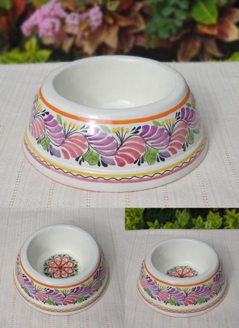  mexican-pottery-ceramic-dog-bowl-hand-painted-purple-majolica-hand-made-mexico