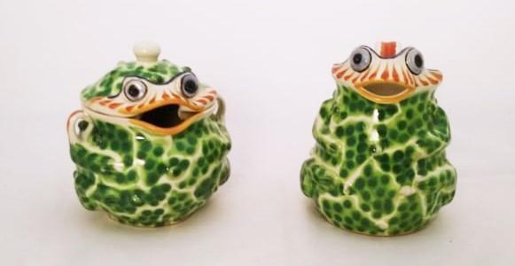  mexican-pottery-ceramic-majolica-tableware-frog-sugar-and-creamer-hand-made-mexico-green-talavera