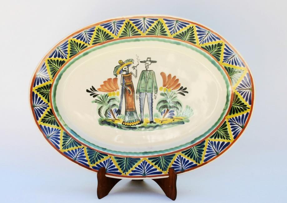  mexican-pottery-decorative-oval-platter-serving-ceramic-catrina-couple-halloween-day-of-dead-mexican-traditions-hand-made-mexico