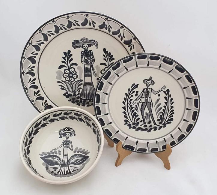 mexico-ceramic-dish-set-catrina-collection-talavera-majolica-made-in-mexico-tableware-black