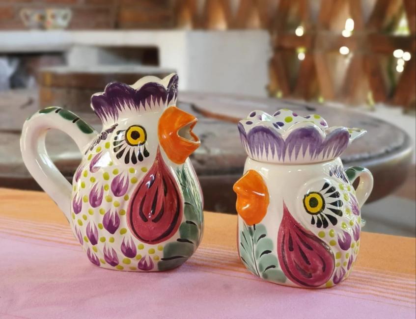 mexico-ceramics-pottery-rooster-creamer-and-sugar-set-majolica-hand-painted-mexico-purple