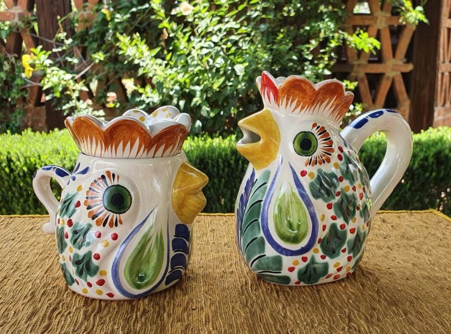  mexico-ceramics-pottery-rooster-creamer-and-sugar-set-majolica-hand-painted-mexico