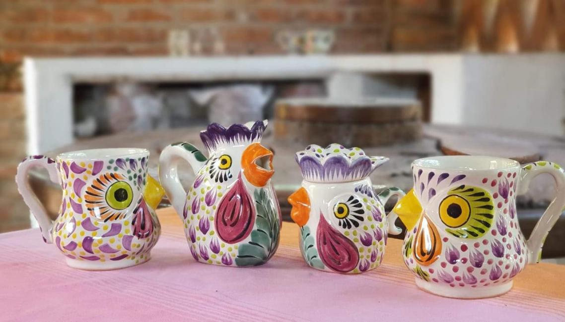 mexico-ceramics-pottery-rooster-creamer-and-sugar-set-mug-majolica-hand-painted-mexico-purple