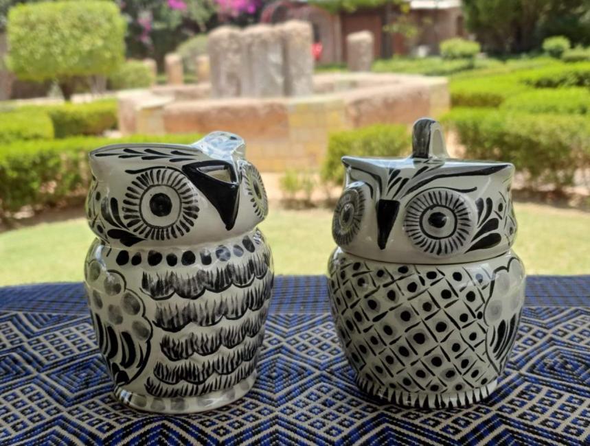 mexico-pottery-ceramic-owl-sugar-and-creamer-majolica-black-and-white